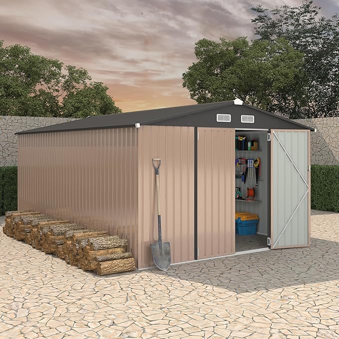 10X14 Ft Outdoor Metal Storage Building, Secure Lockable Door & Air Ventilation System, Premium Metal Tool Shed for Garden, Backyard, Patio, Ideal for Lawn Equipment & Tools