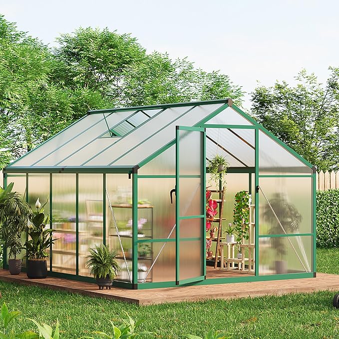 Garvee 8 x 10 ft Greenhouse, Greenhouses for Outside, Polycarbonate Greenhouse with Aluminum Frame, Lockable Door and Ajustable Roof Vent for Backyard, Green Houses for Outside Garden Backyard, Patio