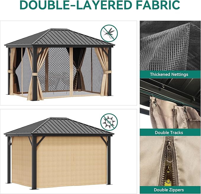 YITAHOME 10x12ft Hardtop Gazebo with Nettings and Curtains, Heavy Duty Galvanized Steel Outdoor Vertical Stripes Roof for Patio, Backyard, Deck, Lawns, Brown