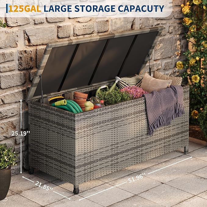 125 Gallon Outdoor Wicker Deck Box, All-Weather Waterproof Patio Storage with PE Rattan Finish & Steel Frame, for Cushions, Garden Tools, Pool Supplies, Lockable Gray Storage Box with Soft-Close Lid