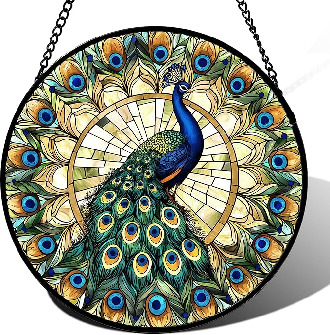 DASTOLL Stained Glass Window Hanging - Retro Peacock Decoration Suncatcher for Door Garden Home Bird Feather Sun Catchers Christmas Mother's Day Birthday Gifts for Women Men Mom Nana Friend 14.9 in