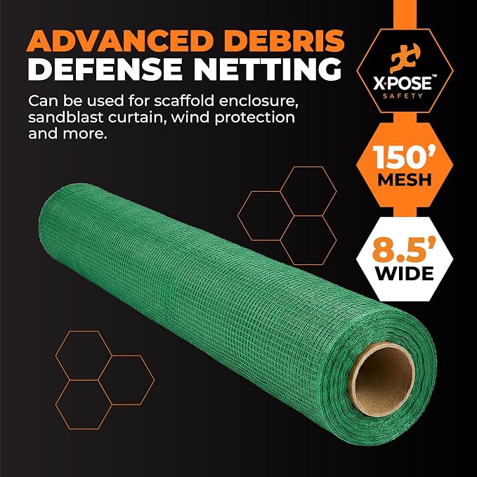 Xpose Safety Construction Safety Netting – 8.5' x 150', 1/4" Mesh Scaffold Safety Net, Temporary Material Roll, Visibility Fence, Heavy-Duty Fire Retardant, Green (35-Pack)