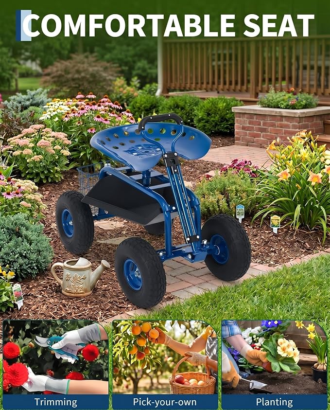 Garvee Heavy Duty Garden Seat, Garden Scooter Rolling Work Seat, 360° Swivel with 10-Inch All-Terrain Inflatable Tires, Extendable Steering Handle & Metal Tool Tray for Planting, Weeding, Yard Work
