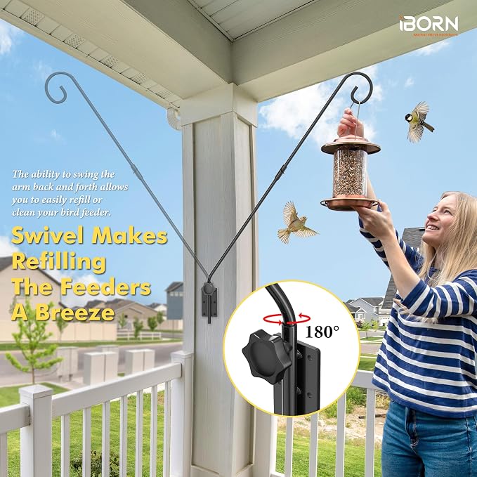 iBorn 16OZ Hummingbird Feeders for Outdoors with Built-in Ant Moat&28" Wall Mount Deck Hook,180° Rotatable Arm, Solid Wire, Pack of 1