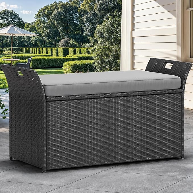 YITAHOME 90 Gallon Outdoor Wicker Storage Bench w/Cushion, Large PE Rattan Deck Storage Box w/Handles & Hydraulics for Patio Furniture, Cushions, Garden Tools, Pool & Sports Equipment, Black&Grey