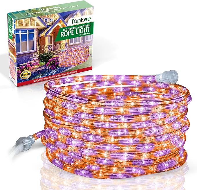 Tupkee LED Rope Light Orange & Purple - 24 Feet (7.3 m), for Indoor and Outdoor use - 10MM Diameter - 144 LED Long Life Bulbs Halloween Decorative Rope Tube Lights