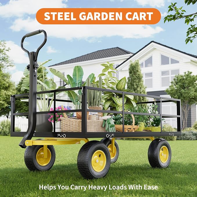 Heavy Duty Steel Garden Cart, 1200 Lbs Garden Wagon with 13" All Terrain Tires, 3-in-1 Metal Utility Wagon with Removable Mesh Side Panels and 180° Rotating Handle for Yard, Lawn and Garden