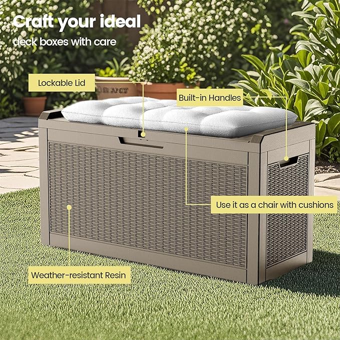 Zapdos Outdoor Storage Box, 60 Gallon Deck Box Indoor and Outdoor Use, Waterproof Resin Rattan Storage Bin for Package Storage Gardening Tools Patio Cushions, Lockable, Fade Resistant, Brown