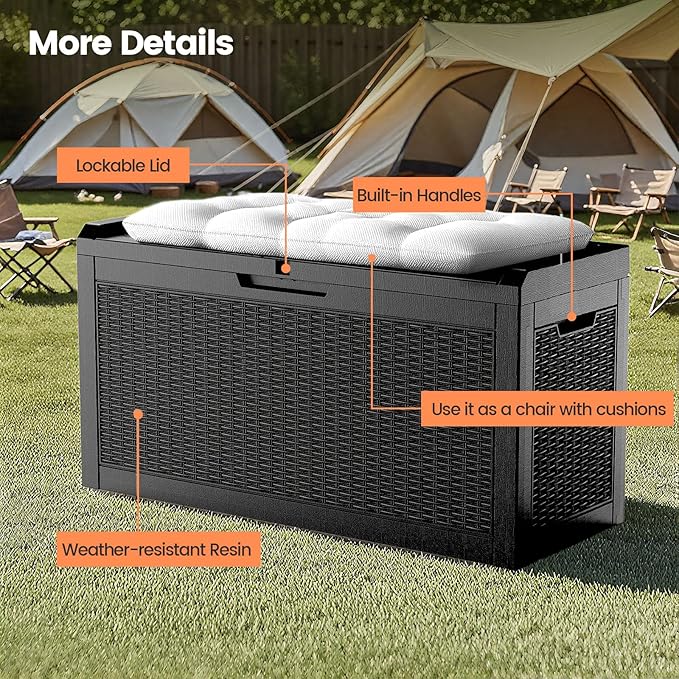 60 Gallon Outdoor Storage Box for Indoor & Outdoor Use, Waterproof Resin Rattan Deck Bin - Lockable & Fade Resistant - Ideal for Package Storage, Patio Cushions & Gardening Tools, Black