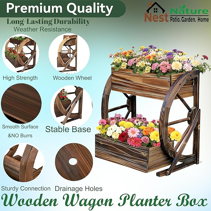 2 Tier Medium Wooden Wagon Planter Box|Outdoor Planter/Flower Pot for Indoor&Outdoor Plants-Rustic Garden Planter for Patio,Porch&Garden Decor-Raised Garden Bed for Succulents,Herbs,Vegetables