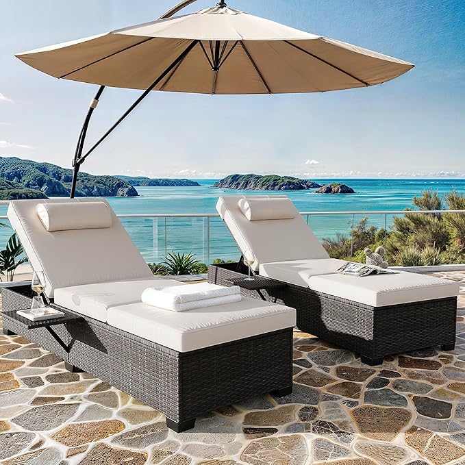 Garvee Outdoor Chaise Lounge Set of 2, 5-Position Adjustable PE Wicker Sun Loungers with Thick Quick-Dry Cushions for Poolside Patio Backyard, Gray
