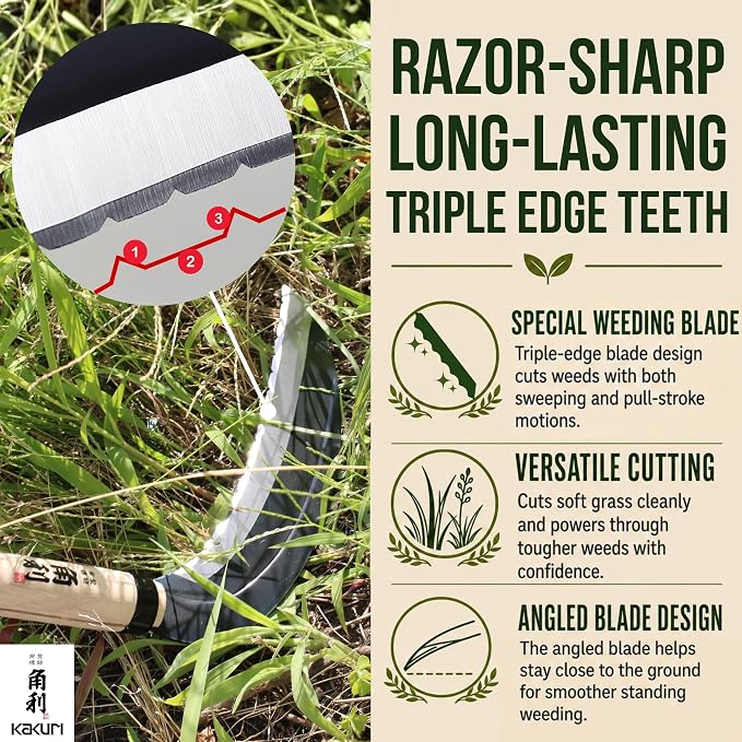 KAKURI Japanese Weeding Sickle Long Handle 45" [Triple Edged Blade] Grass Sickle Stand Up Weeding Tool, Razor Sharp Japanese Carbon Steel Blade, Made in Japan
