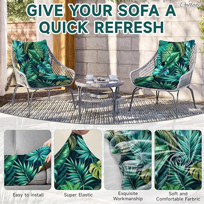CALBODE 14 Pcs Stretch Outdoor Seat Cushion Covers, Washable Chair Seat Cover for Patio Furniture Cushions Soft Indoor and Outdoor Couch Cover Replacement (Green Tropical Leaves, Cover Only)