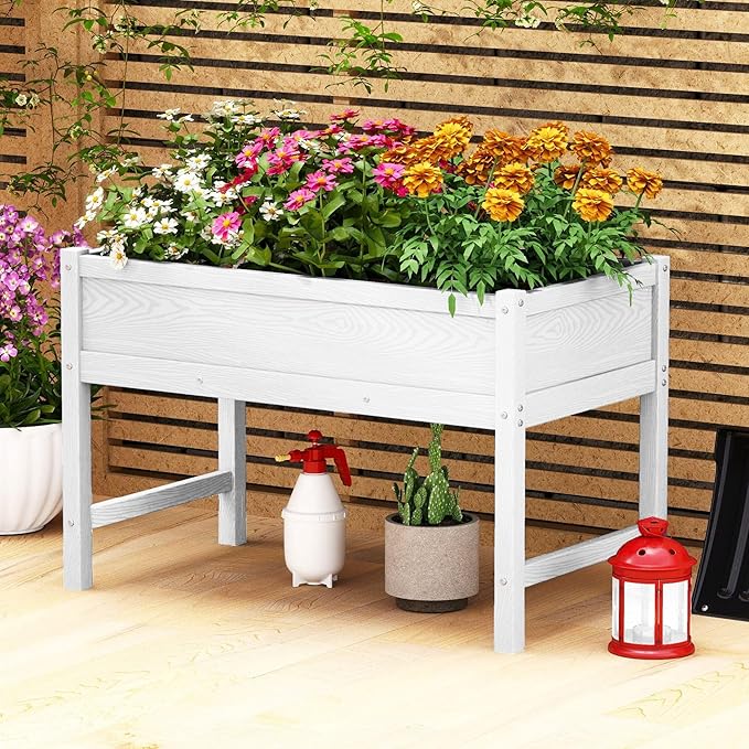 Raised Garden Bed Outdoor with Legs,HDPE Elevated Planter Box Rot-Resistant and Non-Cracking,Raised Beds for Gardening for Backyard, Patio, Balcony, 300lb Capacity White