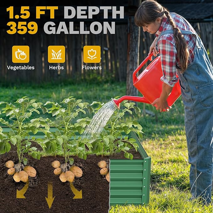 DWVO 8 x 4 x 1.5 FT Raised Garden Bed Kit, Outdoor Galvanized Flower Bed with Safety Rubber and Gloves, Large Metal Planter Box for Vegetables, Flowers, Herbs, Fruits, Green