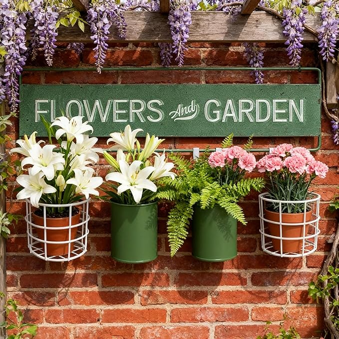 Vintage Metal Hanging Flower Pot Rustic Wall Mounted Planter, Decrative Farmhouse Plants Holder Succulents Tubs for Garden Railing Fence Patio Yard Outdoor Decor