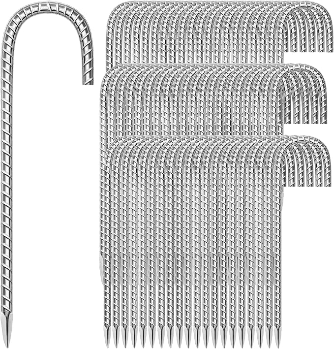 60 Pack Ground Garden Rebar Stakes Rebar 12 Inch Anti-Rust Galvanized Steel J Shape Hook Heavy Duty Ground Anchors for Tents, Position Kits,Fences, and Trampolines Landscape Fabric