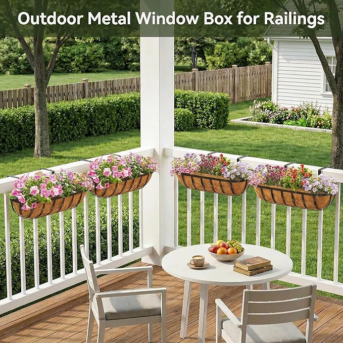 30 Inch 2 PCS Window Box Deck Railing Planter with Coco Liners, Hanging Flower Planters Black Metal Baskets for Indoor Outdoor, Balcony, Porch, Fence, Lawn and Patio