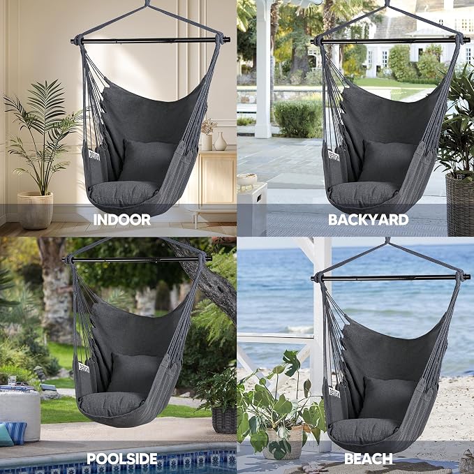 SUNCREAT Hammock Chair Swing with Steel Support Bar, Side Pocket, Large Hanging Chair Outdoor, Max 450lbs Capacity, Dark Gray