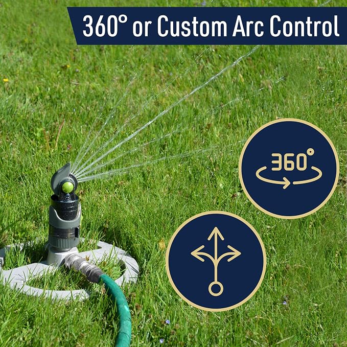Impact Sprinklers for Yard, Garden, and Large Areas - Rotating Pulsating Lawn Sprinkler with Adjustable 360 Degree Rotating Head, 4 Spray Patterns, and Heavy Duty Metal Base by Kings County Tools
