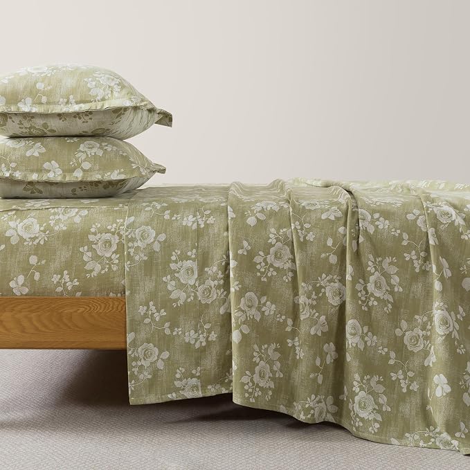 FADFAY Sage Green Sheets Set King 100% Cotton Washed Double Gauze Muslin Bedding 4Pcs Vintage Rose Floral Sheets Shabby Cottagecore Bedding Super Soft & Breathable Deep Pocket Fitted Sheet, King Size
