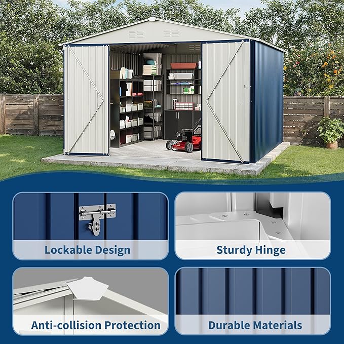 Garvee 10 X 10 FT Outdoor Storage Shed,Metal Garden Sheds&Outdoor Storage Clearance, Large Outdoor Storage Shed for Tools, Lawn Equipment, Garden Supplies - All Weather Lockable Metal Shed