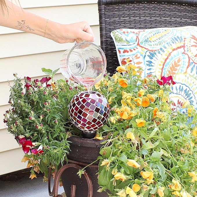 Sunnydaze Mosaic Glass Plant Watering Globe with Clay Spike - Decorative Self-Watering Planter Insert - Water Dripper for Plants - 9.5" - Magenta Medley