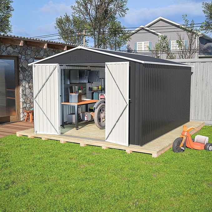 YOPTO 10x12 FT Outdoor Storage Shed,Utility Metal Tool Storage with Lockable Doors and Waterproof Roof, Large Garden Shed for Backyard, Patio Lawn, Black