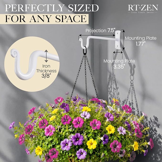 RTZEN Plant Hangers Outdoor or Indoor - Wrought Iron Metal Hanger Indoor Hook - Heavy Duty Wall Bracket Hooks for Hanging Plants Baskets Lanterns Bird Feeders - 2 Pack (White Shepherds Hooks 7.5")