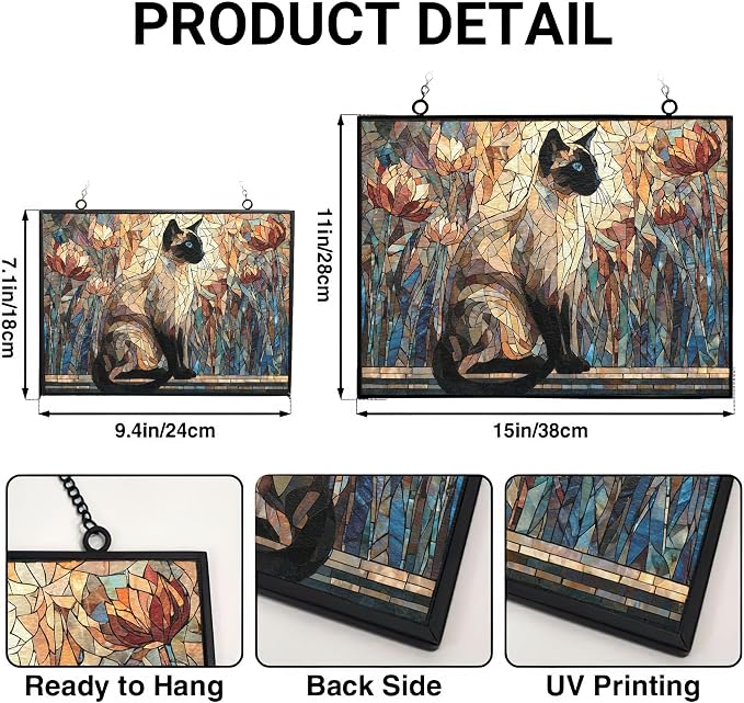 Customized Rectangle Mosaic Siamese Cat On Windowsill Stained Glass Window Hanging Sun Catcher Halloween Haning Ornament Decoration Christmas Birthday Gifts for Lover, Friends