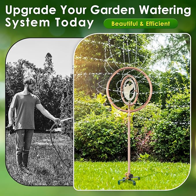 34" H Copper Coated Stainless Steel Ornamental Sprinkler, Corrosion Resistant Garden Rotating Sprinkler 360 Degree Shape Decorative for Lawn Garden Landscape(Double Ring Clear Bird)