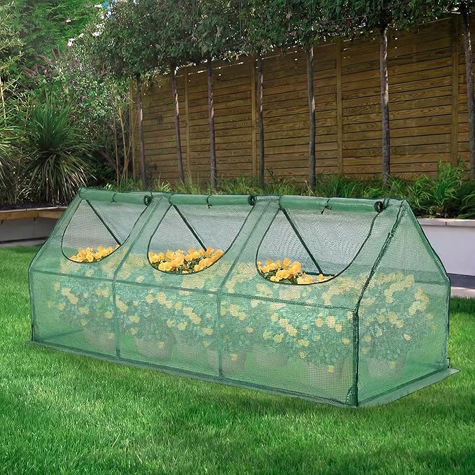 BPS 9x3x3 ft Mini Greenhouse with Green PE Cover UV-Protected Roll-Up Zipper Doors, Ideal for Indoor or Outdoor Use on Raised Garden Beds