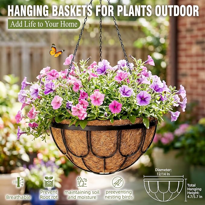 4 Pack 14 Inch Hanging Planters for Outdoor Plants, Black Metal Wire Hanging Flower Baskets with Coco Coir Liner, Large Hanging Plant Pots for Garden, Patio, Balcony, Indoor Home Decor