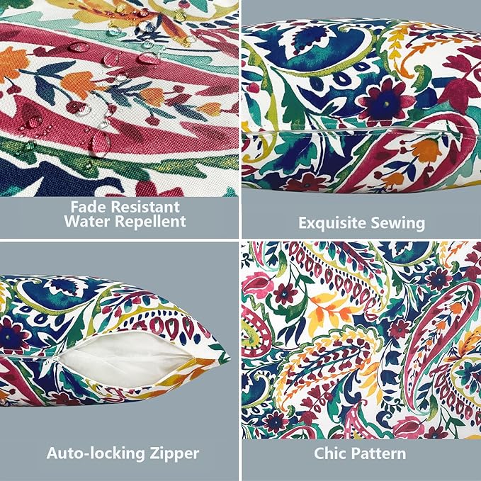 LVTXIII 2 Pack Outdoor Throw Pillow Covers for Patio Furniture, 16x16 Inch Square Pillow Case, Water-Repellent Cushion Covers for Garden, Porch, Sofa, Vigour Paisley