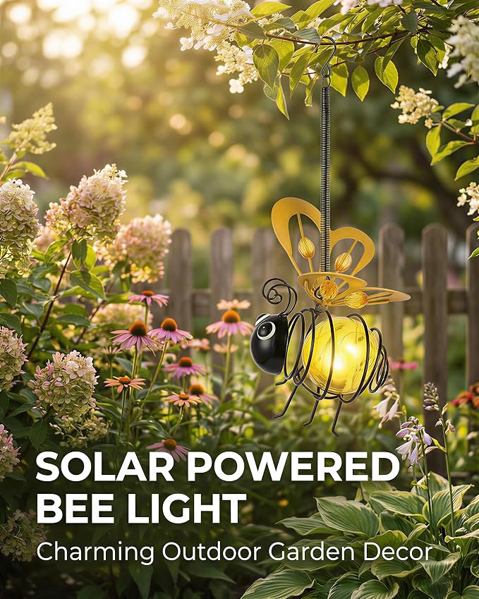 Solar Hanging Bee Light – Outdoor Metal Garden Decor with LED Glow, Yellow Glass Body – Waterproof Solar Powered Insect Ornament for Yard, Tree, Porch, Patio Outdoor Lighted Holiday Displays (2 Pack)