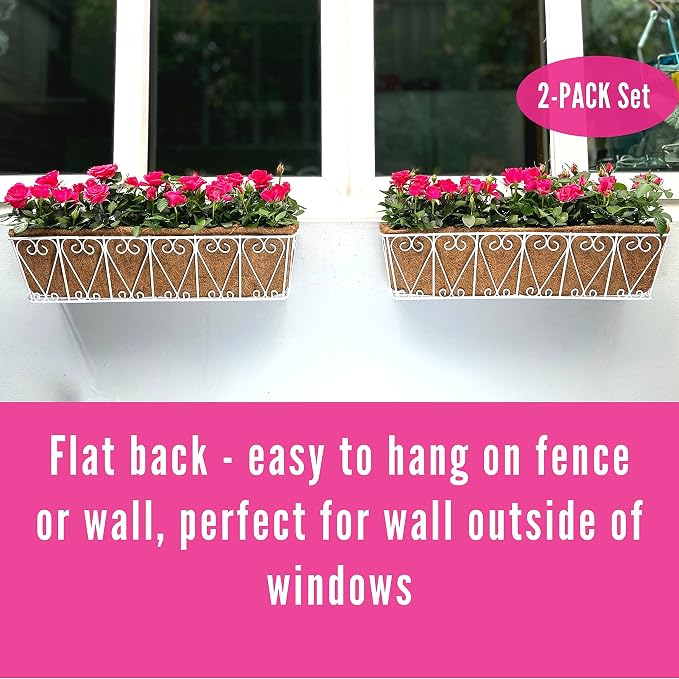 LaLaGreen Wall Hanging Planter - 2 Pack, 30 Inch Deck Railing Planter, Window Flower Boxes Basket Outdoor White Deck Railing Hanging Pot Coco Liner Metal Plant Holder Fence Planter Balcony Patio Porch