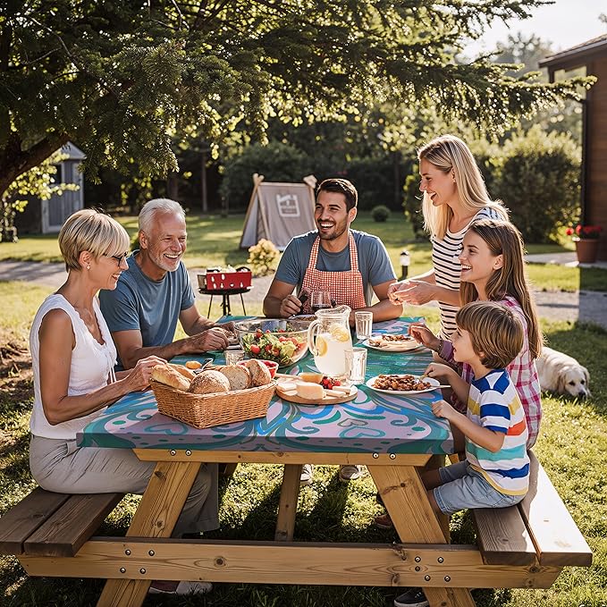 Fitted Waterproof Picnic Table Cover with Bench Covers Elastic Polyester 96in Camping Tablecloths for 8Foot Rectangle Tables Summer Fall Glamping Roadtrip Stuff Festival Vacation Items Gift
