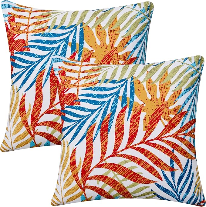 Allorry Outdoor Pillow Covers 20x20 Set of 2 Hawaii Tropics Palm Leaves Blue Red Floral Pattern Decoration Pillow Covers for Spring Summer Outdoor Waterproof Garden Patio Sofa Bed Decor JB010-A20