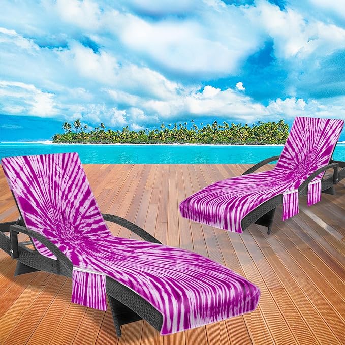 Lounge Chair Towel Cover, Tie Dye Style Chaise Lounge Cover(Pack of 2), Beach Chair Covers with Pockets for Pool Sunbathing Beach Garden Courtyard Outdoor Trips, 85 x30 in, Purple