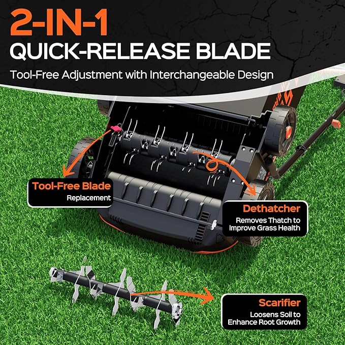 TIECTOWN 14-Inch 13.5 Amp 2-in-1 Electric Dethatcher and Scarifier with 11.5-Gallon Collection Bag, Lawn Dethatcher with 5-Position Depth Adjustment, Blade Replacement Without Tool - Orange