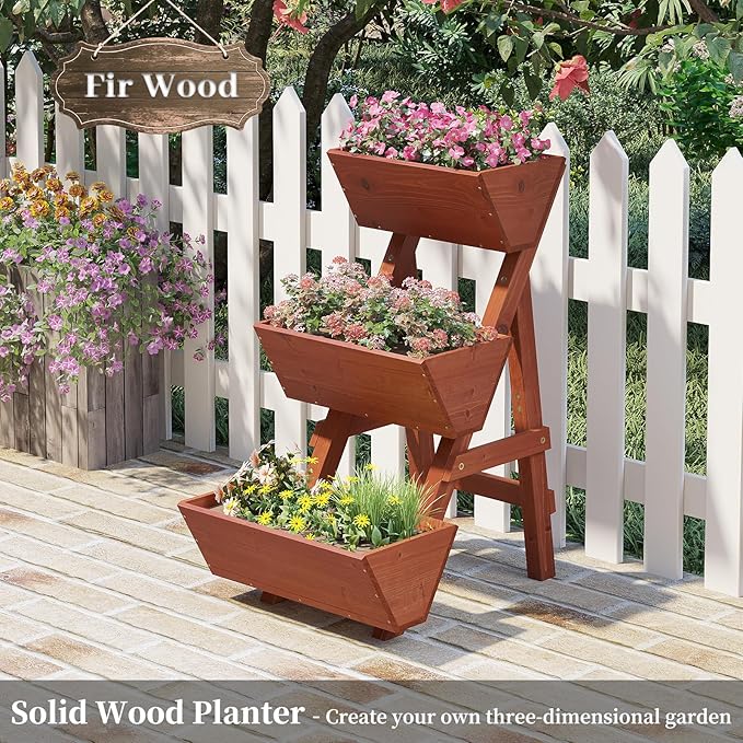 Kitsanery 3-Tiers Wooden Raised Garden Bed,Wood Planter Box for Vegetable,Flower Rack,Flower Pot Stands,Indoor Outdoor Gardening Planting Beds (Brick red, Small)