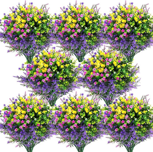 Hananona 48 Pcs Artificial Flowers Outdoor, Faux Artificial Plants UV Resistant Plastic Flower Bulk for Hanging Planter Porch Window Home Spring Summer Decor (48, Fuchsia, Purple, Yellow, Green)