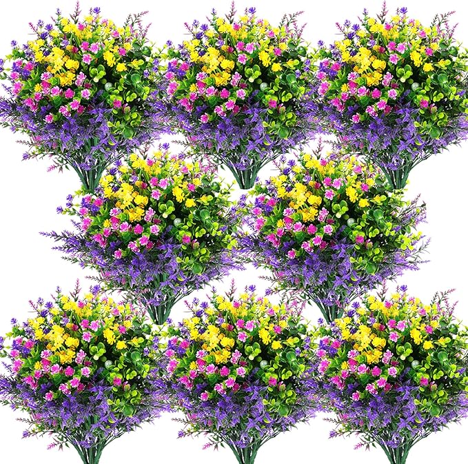 Hananona 24 Pcs Artificial Flowers Outdoor, Faux Artificial Plants UV Resistant Plastic Flower Bulk for Hanging Planter Porch Window Home Wedding Summer Decor (24, Fuchsia, Purple, Yellow, Green)
