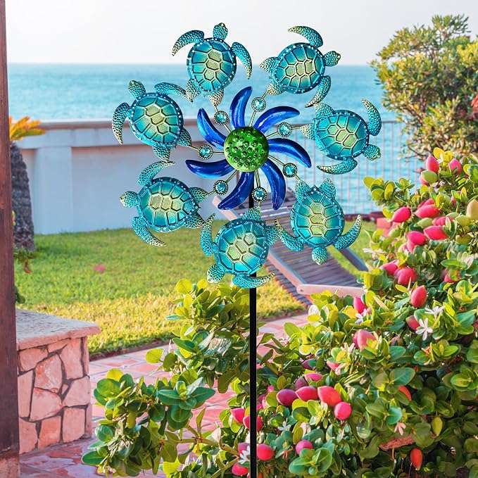 COOZZYHOUR 39" Sea Turtle Wind Spinners Garden Stake-Ocean Theme Outdoor Decorations- Metal Stake Yard Spinner-Wind Sculpture Yard Art Decorations for Patio,Swimming,Lawn & Garden Decor