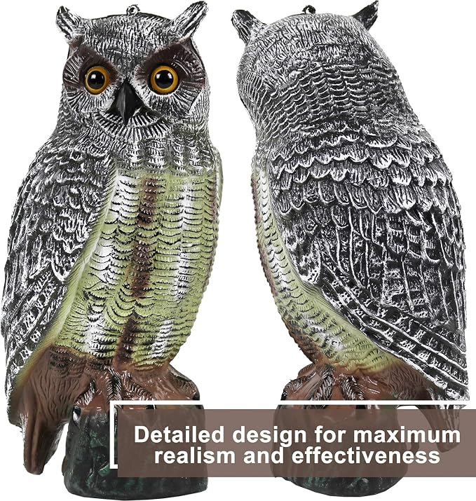 Owl Decoys to Scare Birds Away Plastic Owl Statue 16.5" Tall [Pack of 2] | Pigeon & Bird Deterrents for Outside
