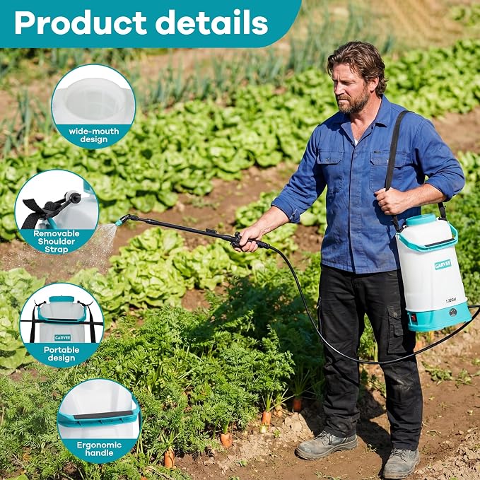 1.32 Gallon Battery Powered Sprayer with Adjustable Shoulder Strap, 0-60 PSI Adjustable Pressure, Electric Sprayer with 1 Nozzles and 1 Wands, 12V 2Ah Battery, Wide Mouth Lid for Weeding, Spraying