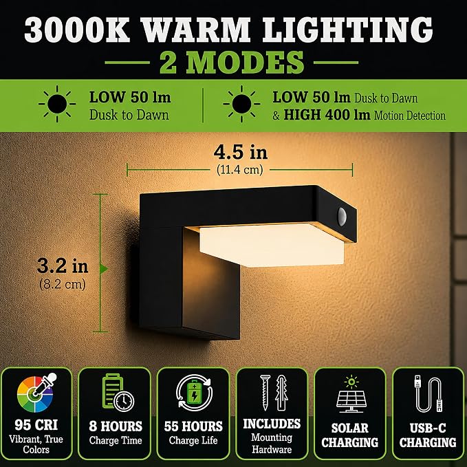 Square Solar Wall Lights - Solar Powered Wall Lamps - LED Lights - PIR Sensor & Two Lighting Modes - Rechargeable Battery Lasts Up to 55 Hours - 3000K - IP44 Weather Resistant - 2 Pack