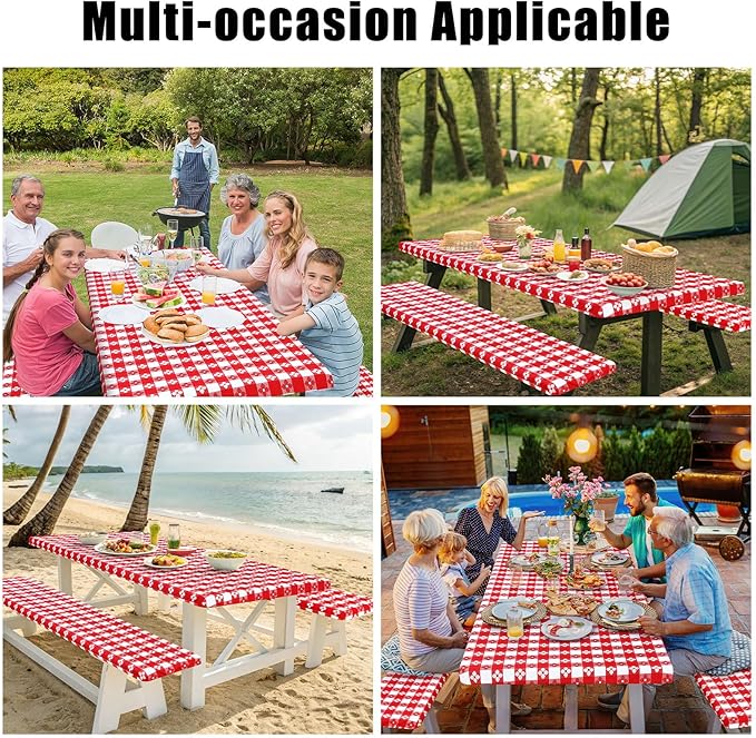 Smiry Picnic Table Cover with Bench Covers, Waterproof Elastic Fitted Tablecloth for 8 Foot Tables, Washable Polyester Tablecloths for Camping, Indoor & Outdoor (Red & White, 30x96 Inch 3-pc Set)