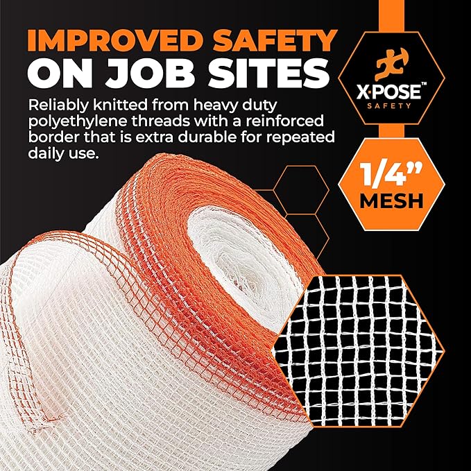 Xpose Safety Construction Safety Netting – 8.5' x 150', 1/4" Mesh Scaffold Safety Net, Temporary Material Roll, Visibility Fence, Heavy-Duty Fire Retardant, White
