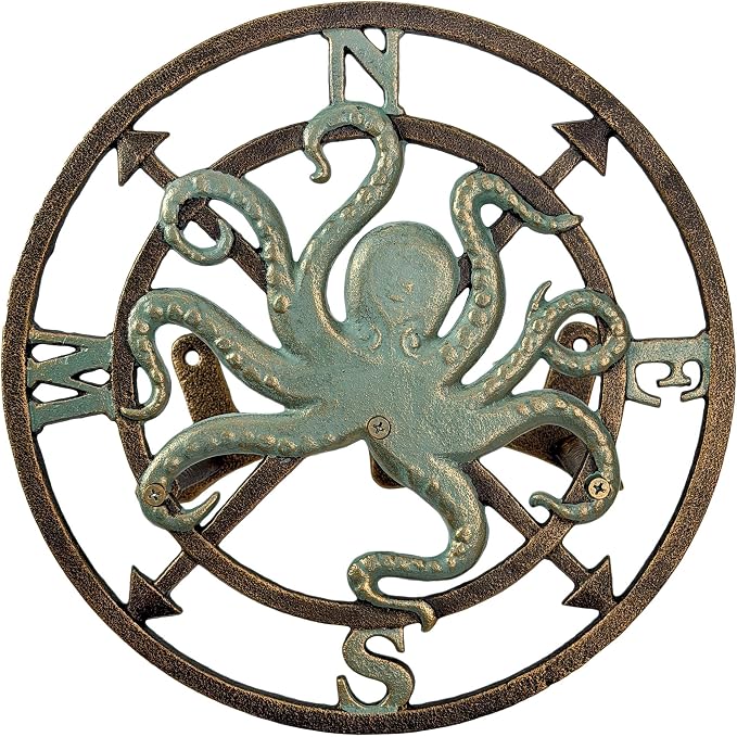 Zeckos 11.75 Inch Cast Iron Octopus Compass Rose Garden Hose Holder, Bronze Verde Patina Nautical Outdoor Wall Mounted Decorative Hose Hanger for Yard, Garden, Patio or Beach House